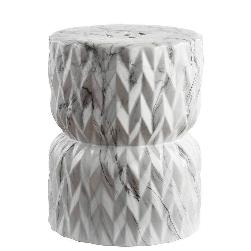 Lampkin Chevron Drum 17.5" White Marble Finish Ceramic Garden Stool - Image 1