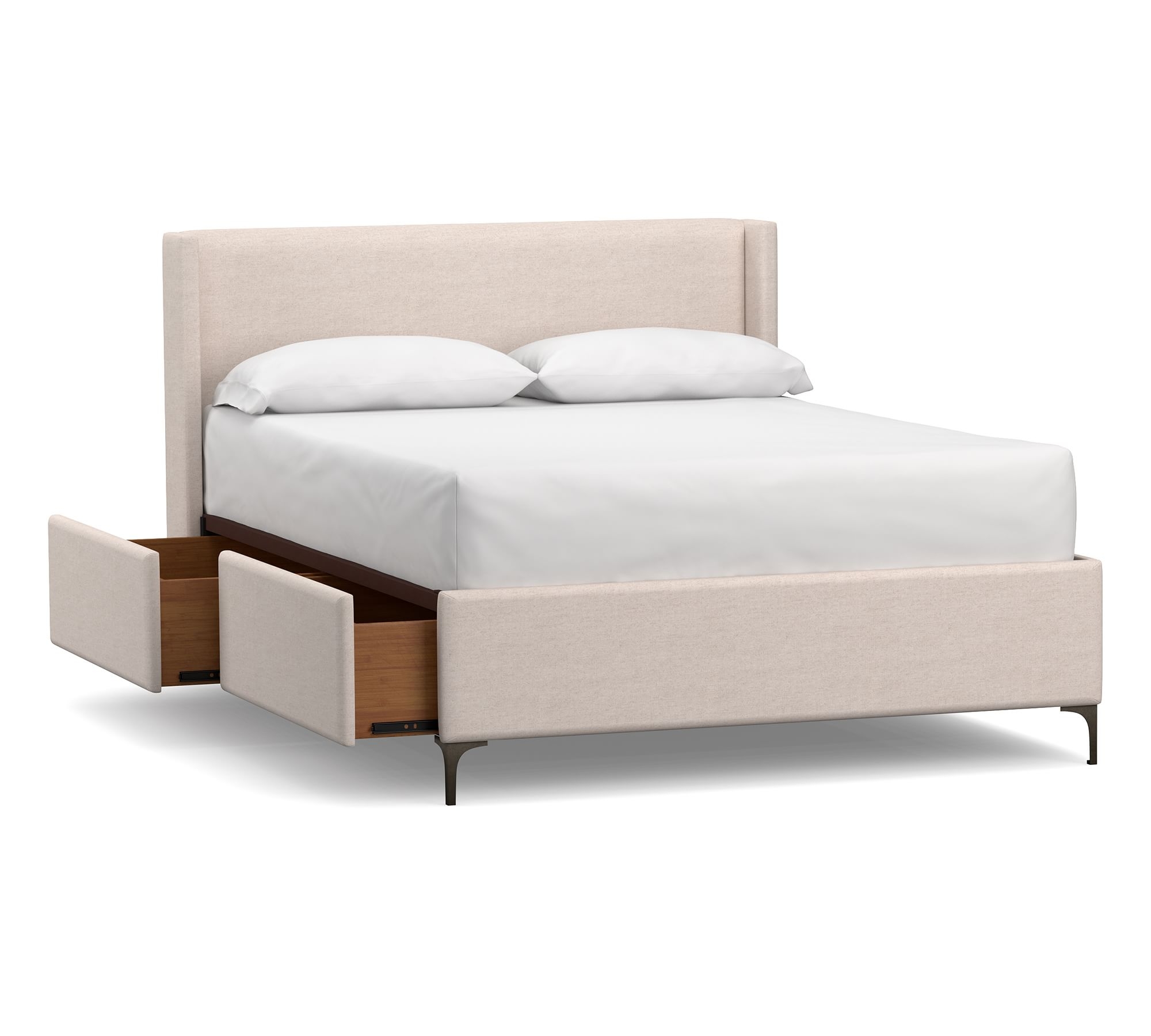 Jake Upholstered Storage Platform Bed with Metal Legs, Full, Performance Heathered Basketweave Dove - Image 1
