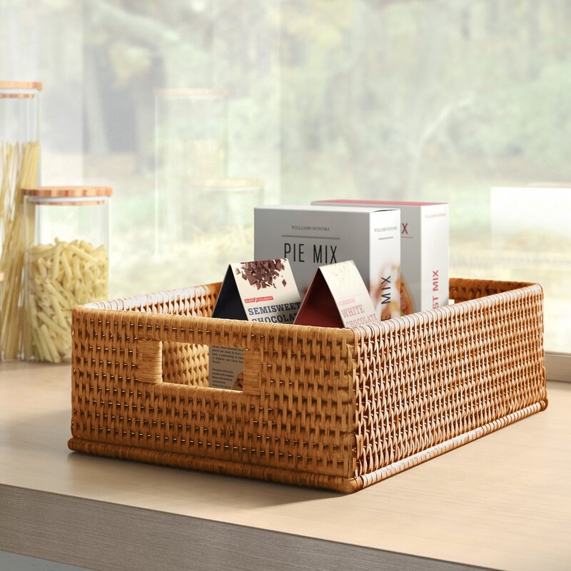 Rattan Rectangular Basket with Rounded Corners and Cutout Handles / Honey Brown - Image 0