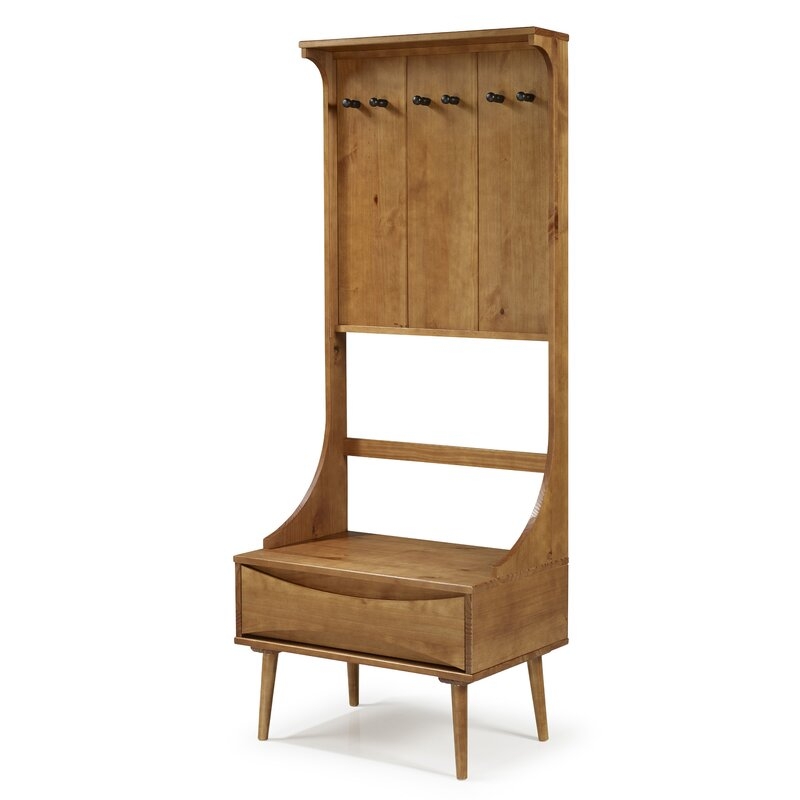 Malena Pine Solid Wood Hall Tree with Bench and Shoe Storage - Image 1
