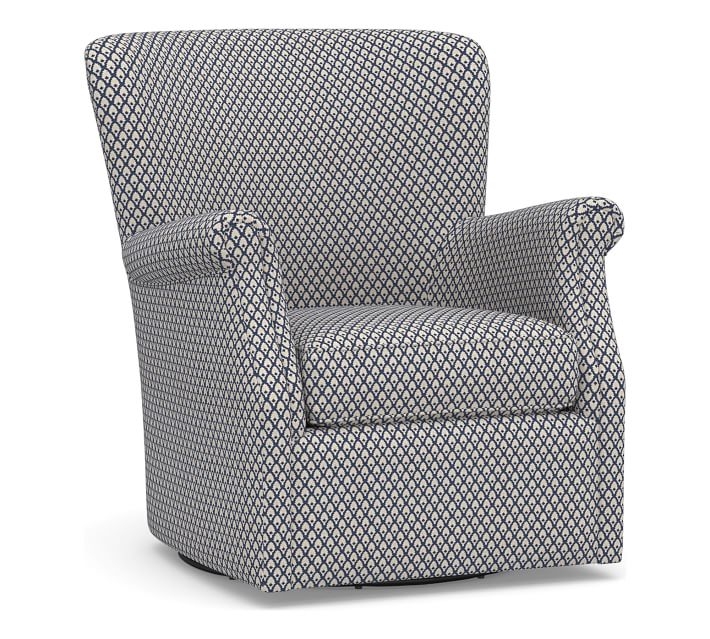 SoMa Minna Upholstered Swivel Armchair, Polyester Wrapped Cushions, Kendall Print Navy - Image 4