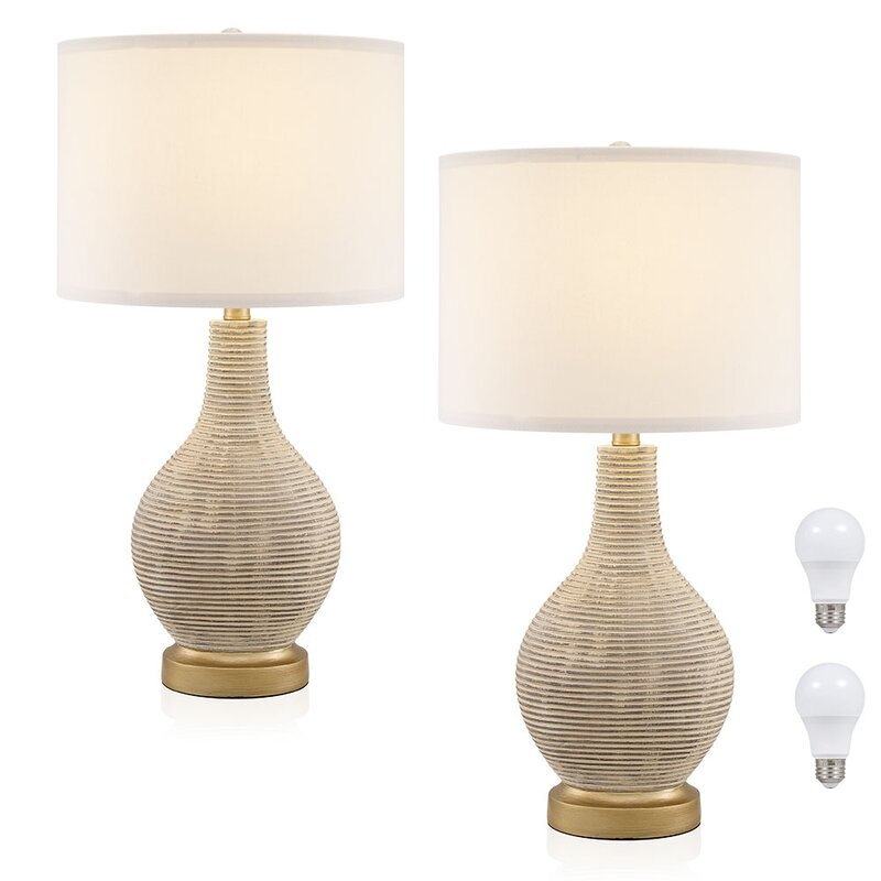 (Set of 2) 24.5 In. Washed Beige/gold Farmhouse Table Lamp With White Linen Shade, 9.5-watt Led Bulbs Included (set Of 2) - Image 1