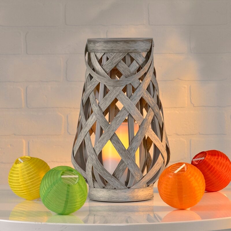 10"" Basketweave Gray Battery Powered LED Outdoor Lantern - Image 0