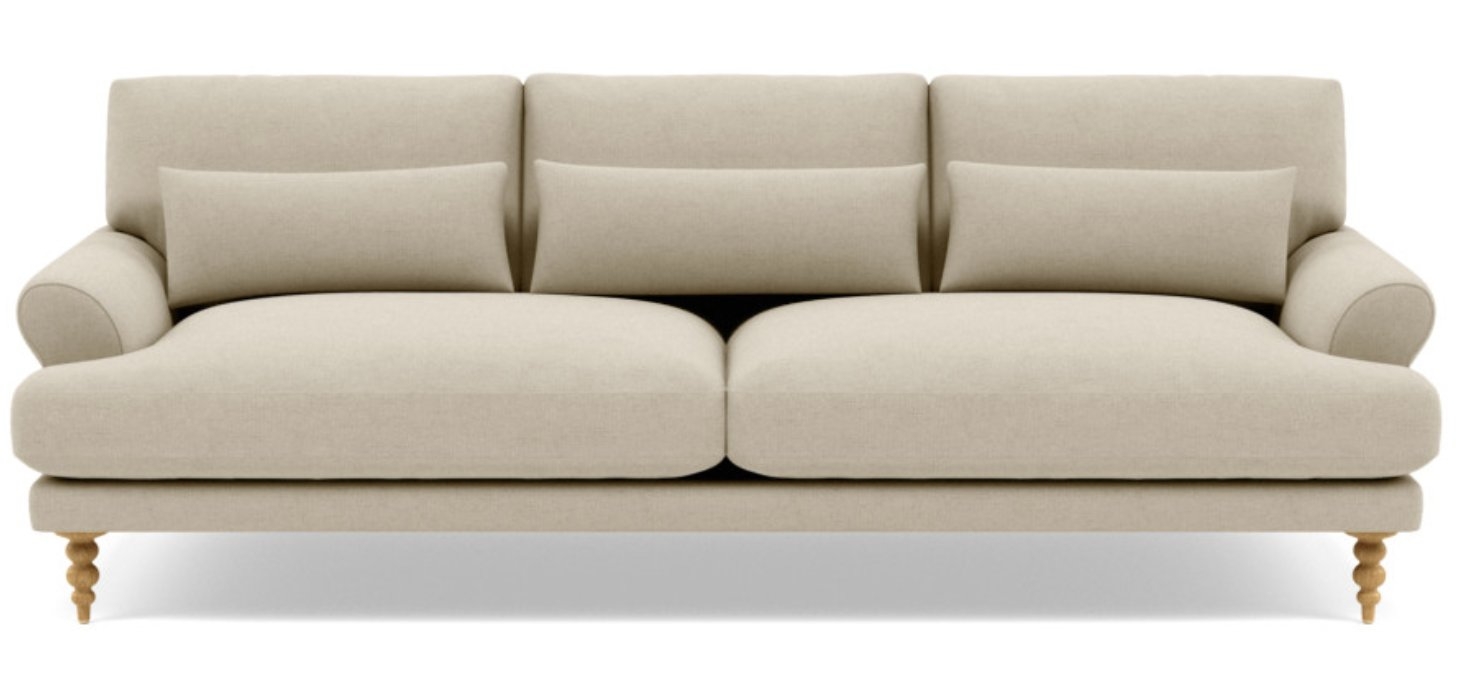 Maxwell Sofa with Beige Oatmeal Fabric and Natural Oak tapered turned wood legs - Image 0