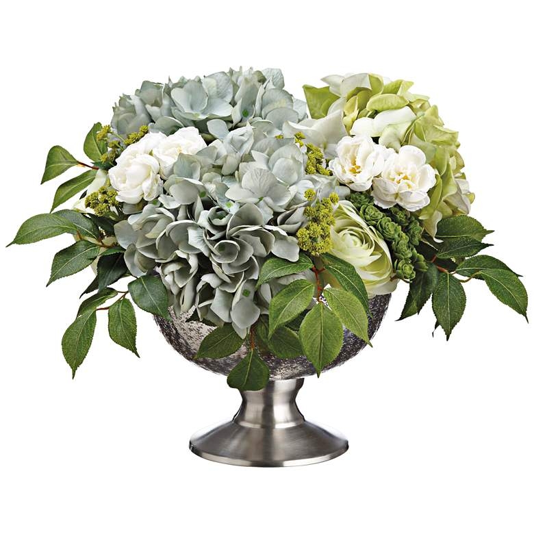 Hydrangeas, Ranunculus, Sedum 17" Wide Faux Flowers in Pot - - Image 0