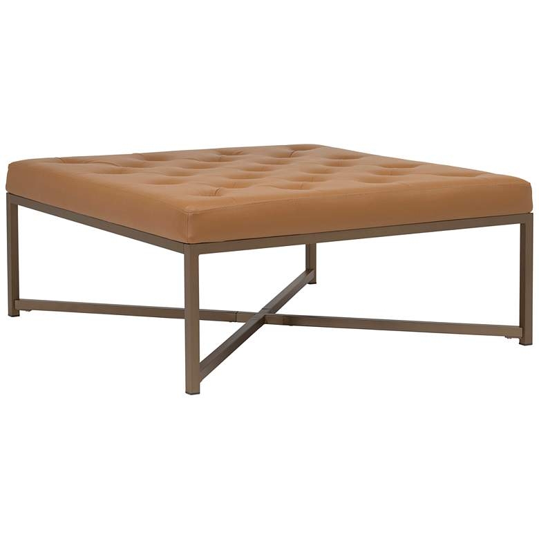 Camber Caramel Leather & Bronze Steel Tufted Square Ottoman - Image 0