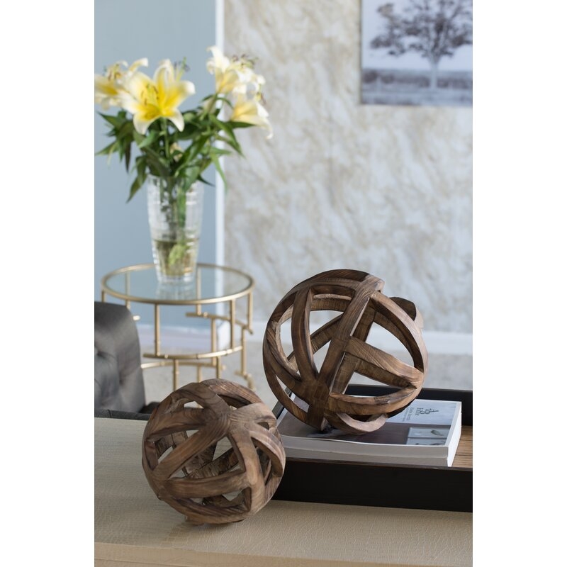Brown Decorative Wood Ball Sculpture - 10" - Image 3