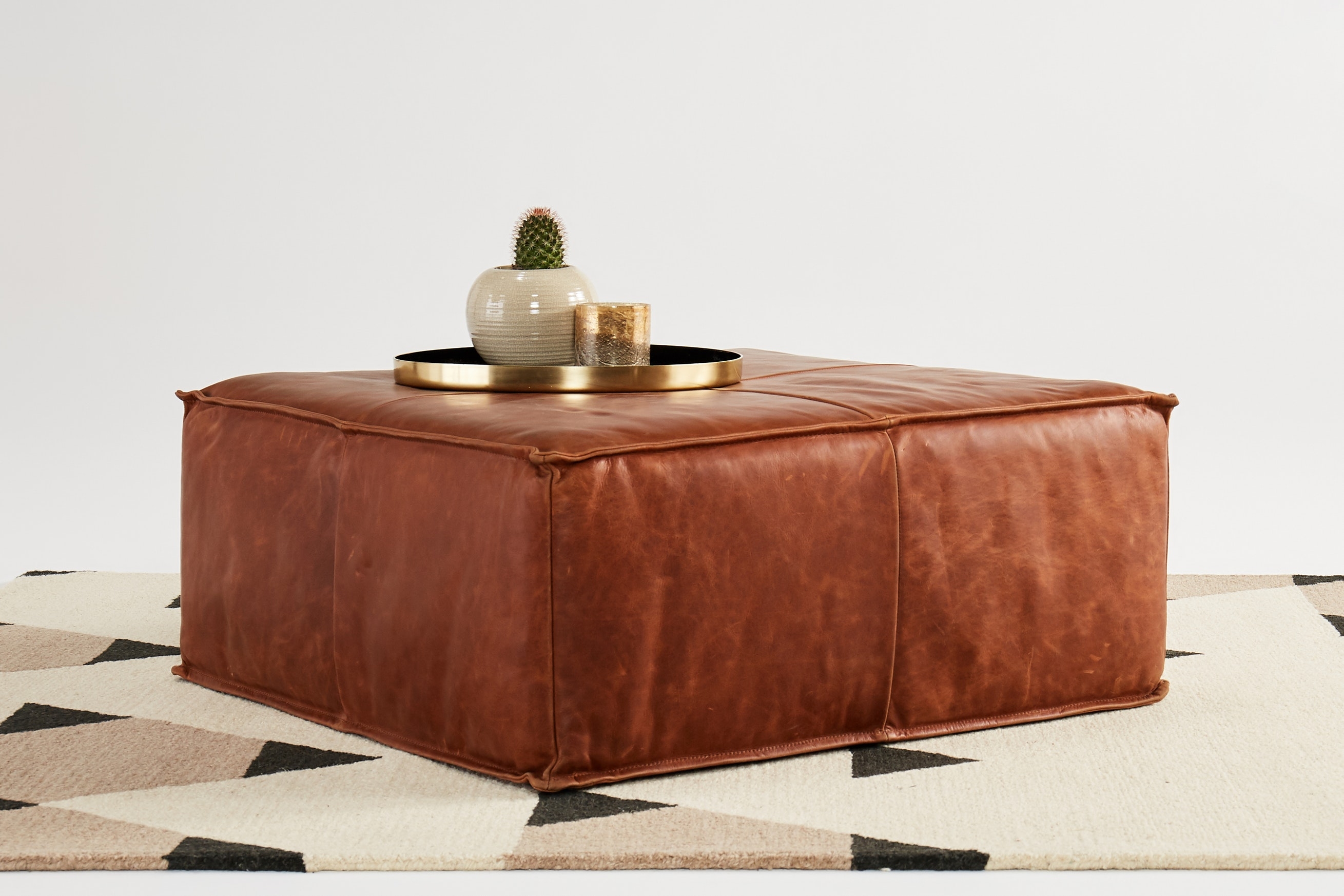 Brown Lyle Mid Century Modern Leather Ottoman - Colonade Sycamore - Image 2