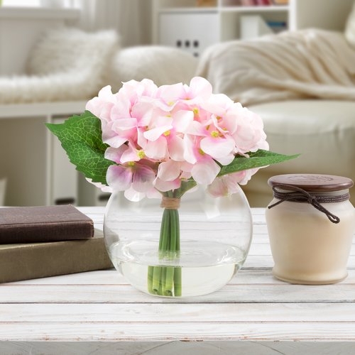 Hydrangea Floral Arrangement in Glass Vase - Image 1