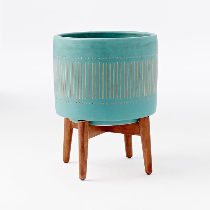 Turned Wood Leg Standing Planter, Wide, Turquoise - Image 0