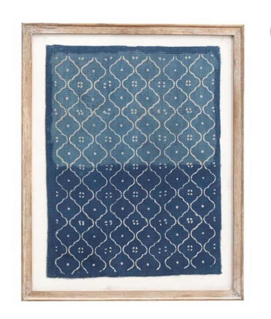 Framed Blue Textile Art, Trellis Pattern - Image 0