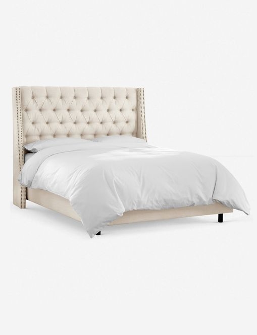 Admina Linen Tufted Bed, Talc queen - Image 0