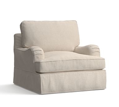 PB English Arm Slipcovered Swivel Armchair, Box Edge Down Blend Wrapped Cushions, Performance Everydaylinen(TM) by Crypton(R) Home Oatmeal - Image 0