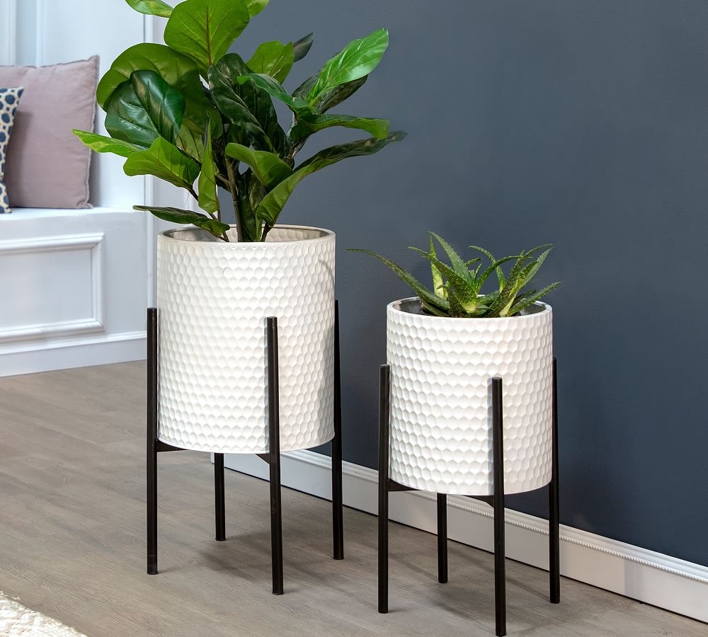 Bella White Patterned Raised Planters with Black Stand, Set of 2 - Image 0