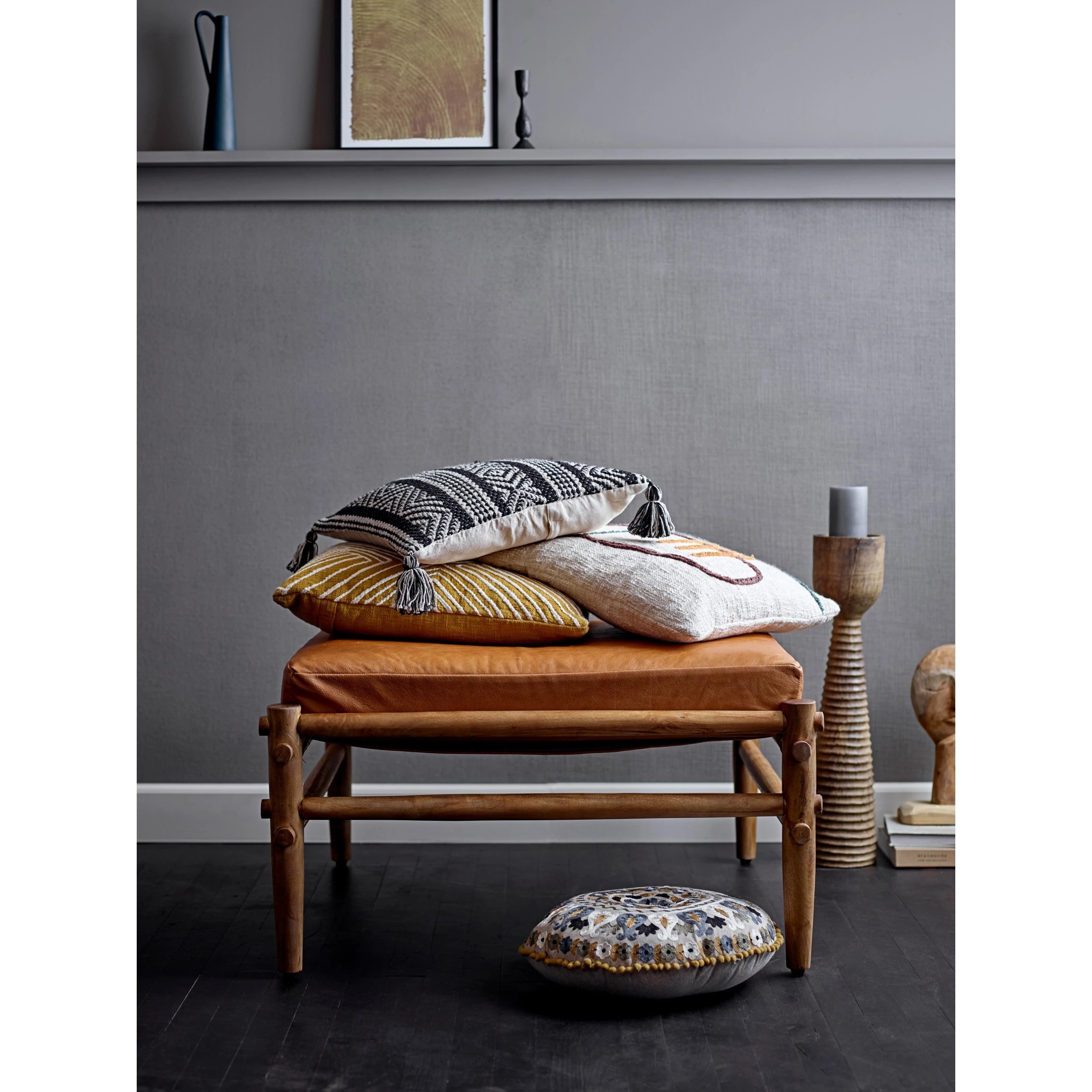 Mango Wood Ottoman with Leather Cushion - Image 5