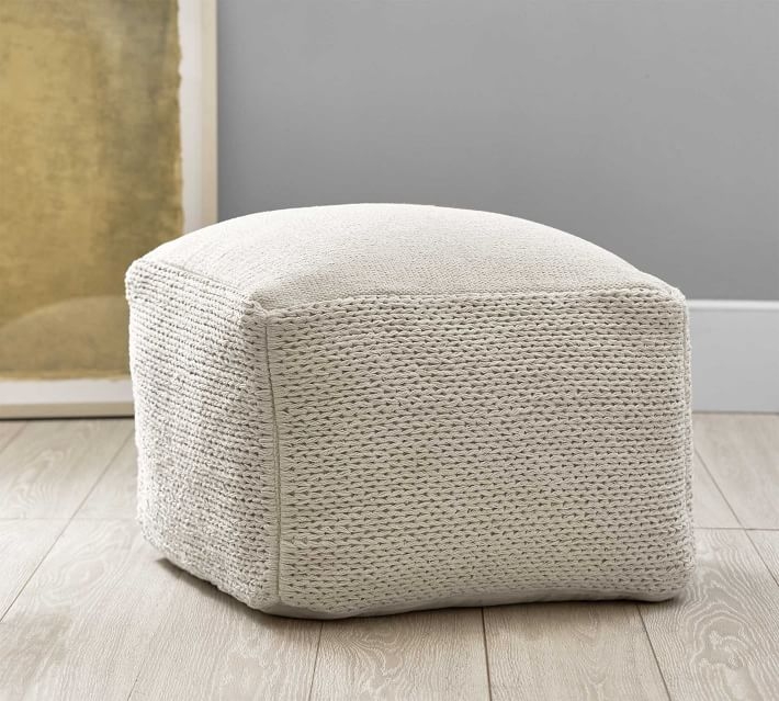 Braided Hand Woven Pouf, 22x22x14", Ivory - Image 0