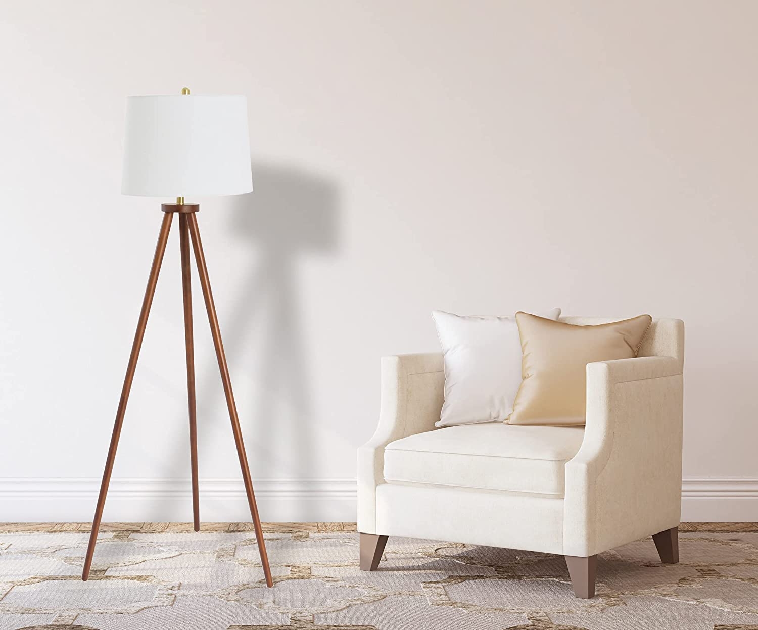 A-Frame Tripod Rubber Wood Floor Lamp with Cream Linen Shade, Espresso - Image 1