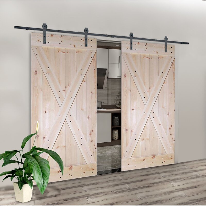 Paneled Wood Unfinished Barn Door with Installation Hardware Kit (Set of 2) - Image 1