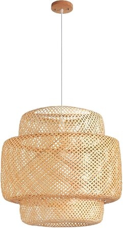 Bamboo Pendant Light Fixtures, Natural Material Bamboo Chandelier With Wood Canopy, Hand Woven Rattan Pendant Light For Kitchen Island, Living Room, Dining Room, 19.7" W X 19.7" H - Image 0