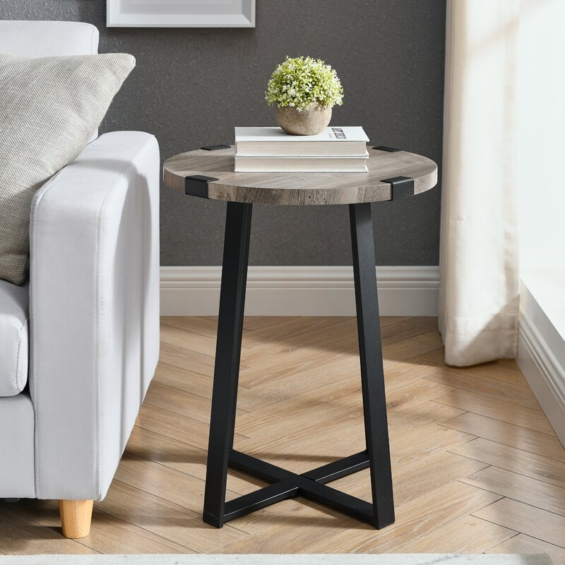 Gowie 23'' Tall Cross Legs End Table, Gray Wash - Image 1