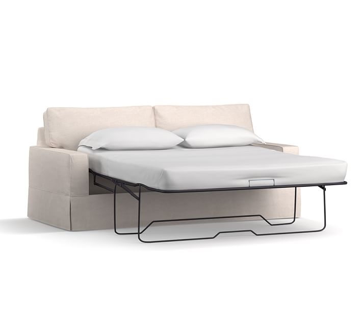 PB Comfort Square Arm Slipcovered Sleeper Sofa, Box Edge Polyester Wrapped Cushions, Basketweave Slub Ash - Image 2