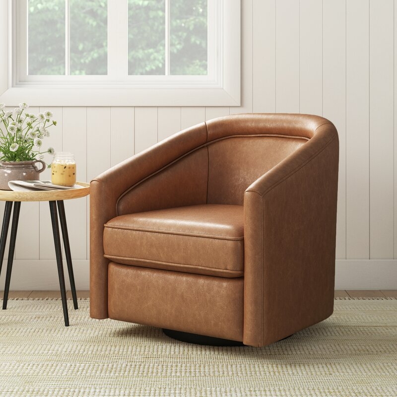 Kiersten 28.7" W Faux Leather Swivel Barrel Chair / Walnut Brown Faux Leather - Image 0