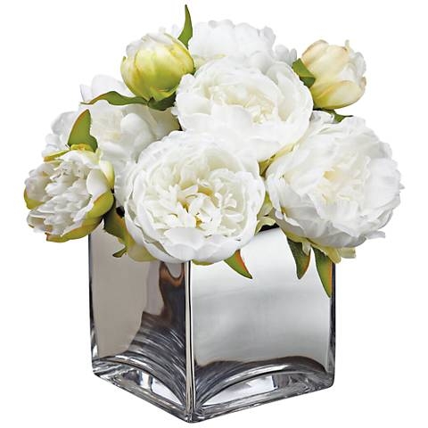 White Peonies 14 1/4" High Faux Flowers in Glass Container - Style # 58H00 - Image 0