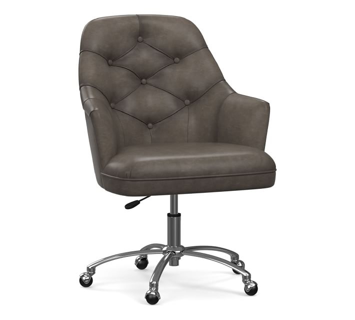 Everett Leather Swivel Desk Chair, Brushed Nickel Base, Burnished Wolf Gray - Image 0