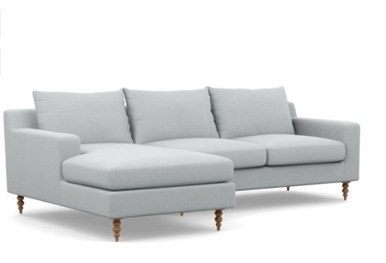 Sloan Left Sectional with Grey Ore Fabric, two cushions with standard fill and natural oak tapered turned wood leg - Image 1