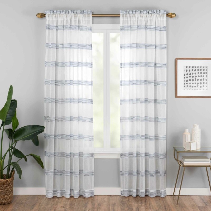 Warden Window Striped Semi-Sheer Single Curtain Panel - 95'' L x 52'' W x 0.1'' D - Indigo - Image 0