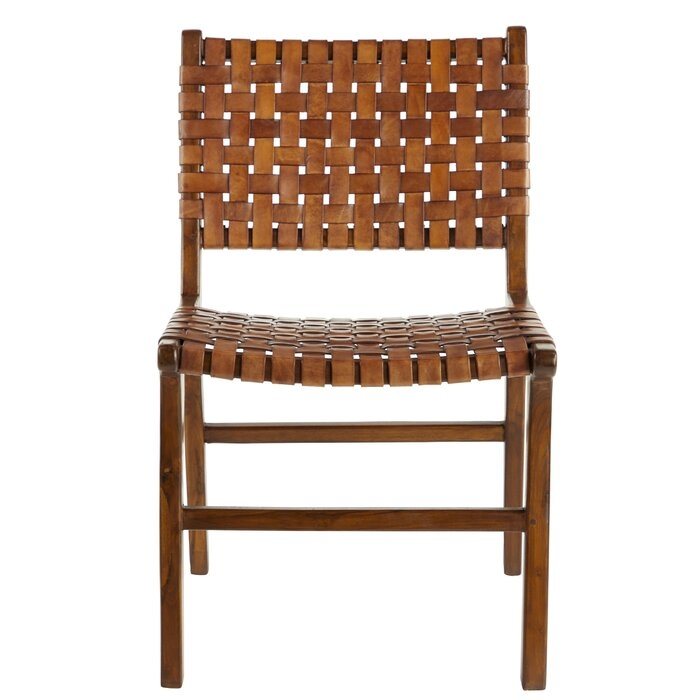 Albright Armless Brown Teak Wood & Top Grain Woven Leather Dining Chair, 21" X 33 - Image 1
