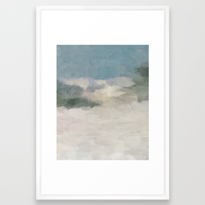 Modern Abstract Painting, Teal Blue, Sage Green, Beige Yellow Sandy Digital Prints Wall Art, Ocean Framed Art Print 20x26 - Image 0
