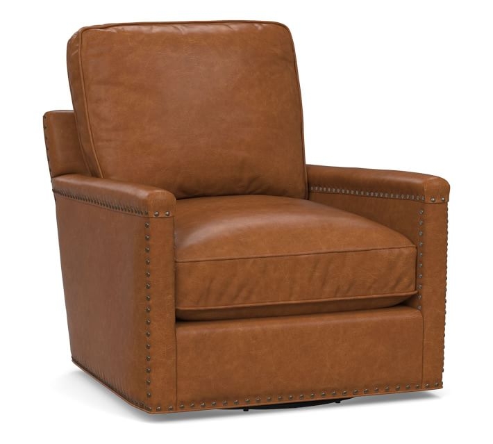 Tyler Square Arm Leather Swivel Armchair with Nailheads, Down Blend Wrapped Cushions, Statesville Caramel - Image 0