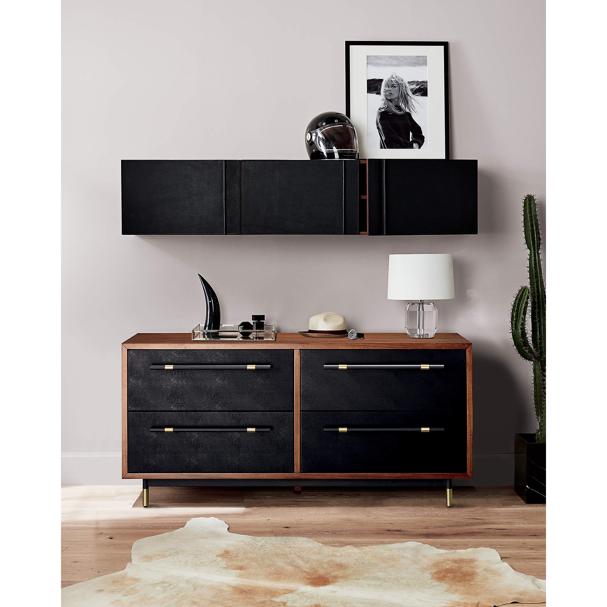 Oberlin 4-Drawer Black Leather and Wood Dresser - Image 7