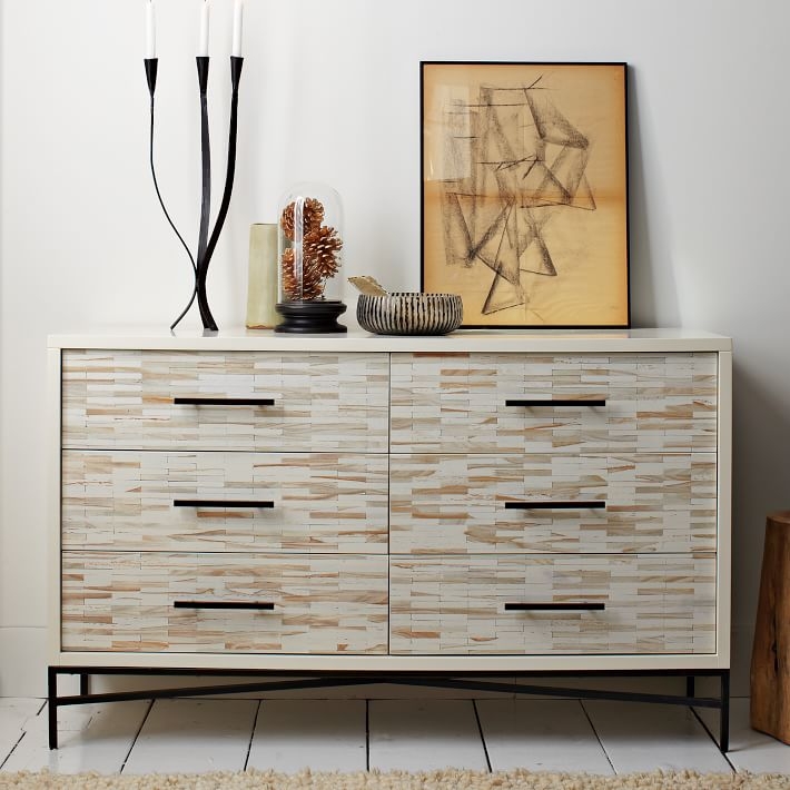Wood Tiled 6-Drawer Dresser, Whitewash - Image 3