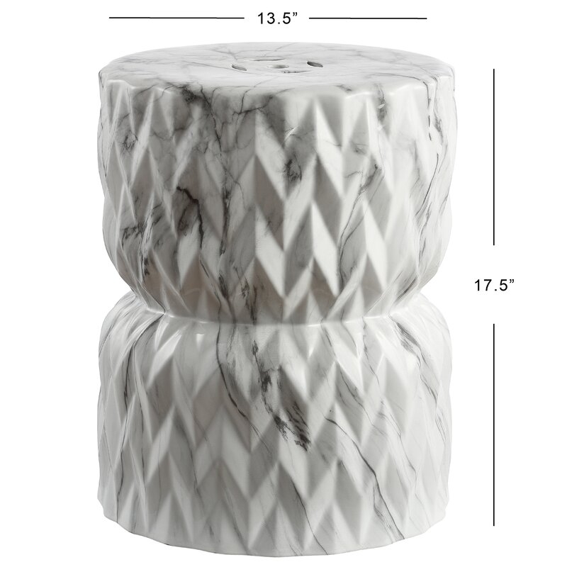 Lampkin Chevron Drum 17.5" White Marble Finish Ceramic Garden Stool - Image 2