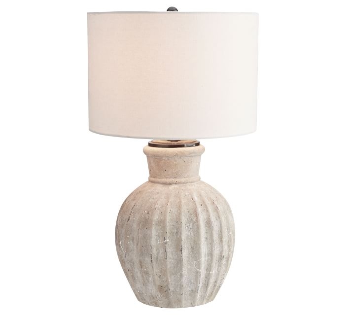 Anders Terracotta Table Lamp, Rustic White Base With Large Gallery Straight-Sided Linen Drum Shade, White, 31" Round - Image 0