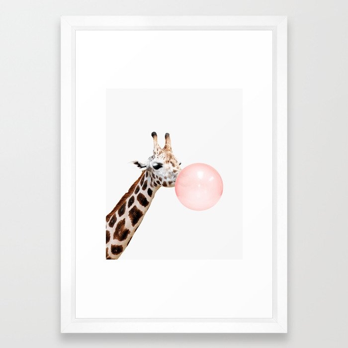Giraffe, Bubble gum, Pink, Animal, Nursery, Minimal, Trendy decor, Interior, Wall art Framed Art Print - Image 0