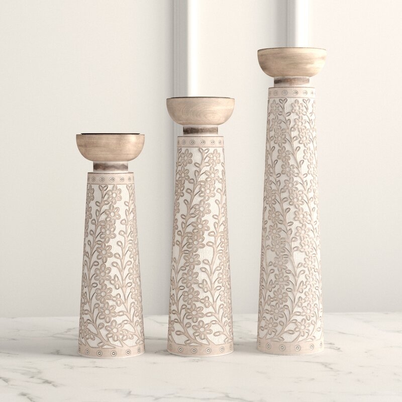 Rustic Cylindrical Flourish-Designed 3 Piece Wood Tabletop Candlestick Set - Image 0