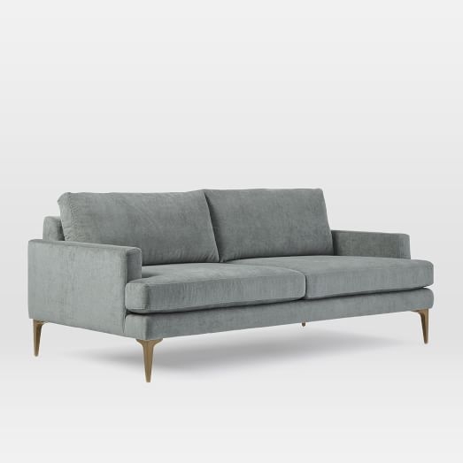Andes 76.5" Sofa, Poly, Distressed Velvet, Mineral Gray, Blackened Brass - Image 0