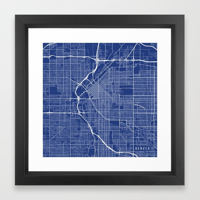 Denver Map, USA - Blue Framed Art Print - Image 0