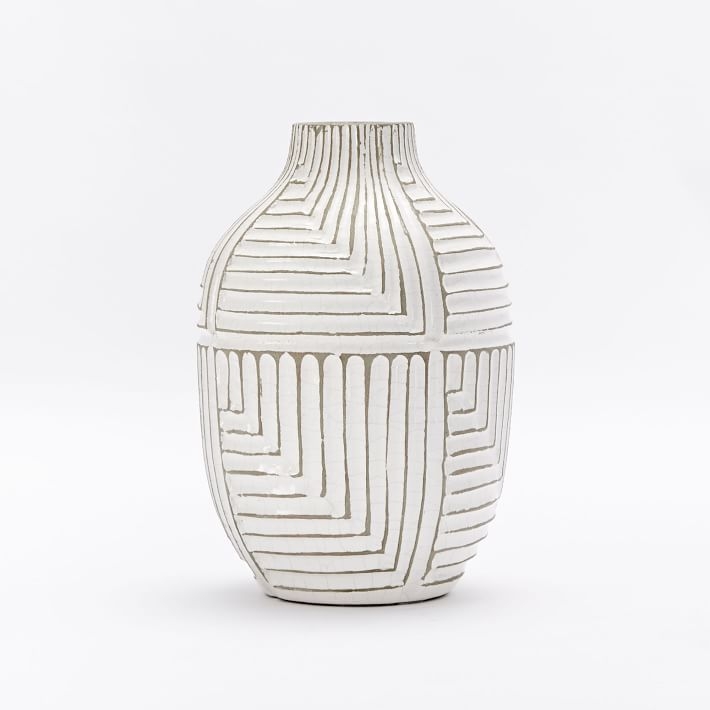 Linework Maze Pattern Vase, Tall Shoulder, White - Image 0