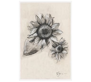 Charcoal Sunflower Sketch, Single Bloom, 28" X 42" Wood Gallery, White, No Mat - Image 3
