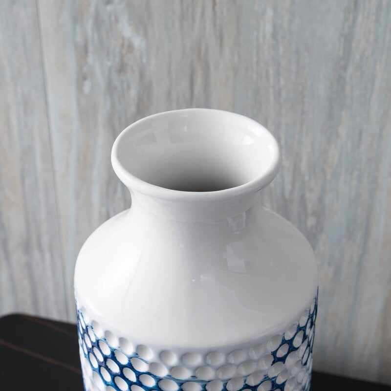 Ceramic Table Vase, White & Blue, 16" - Image 1
