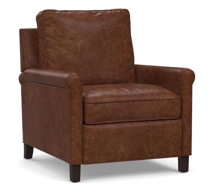 Tyler Roll Arm Leather Power Recliner without Nailheads, Down Blend Wrapped Cushions, Statesville Molasses - Image 0