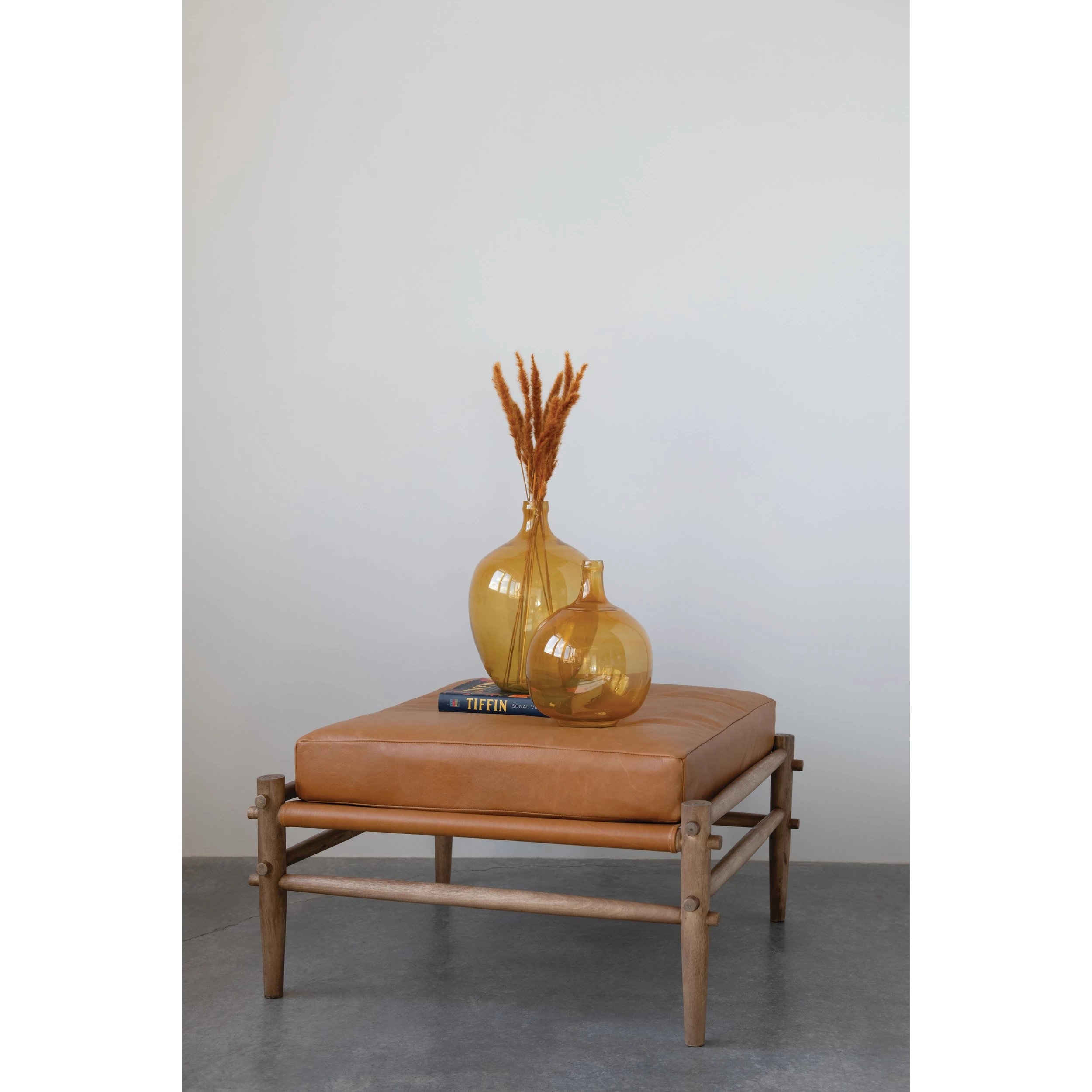 Mango Wood Ottoman with Leather Cushion - Image 2