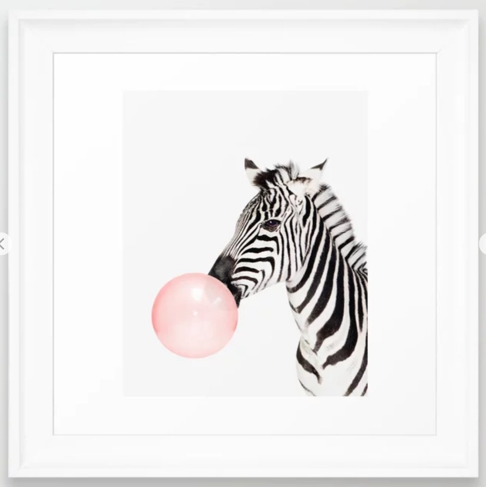Zebra, Bubble gum, Pink, Animal, Nursery, Minimal, Trendy decor, Interior, Wall art Framed Art Print - 12"x12" - Image 0