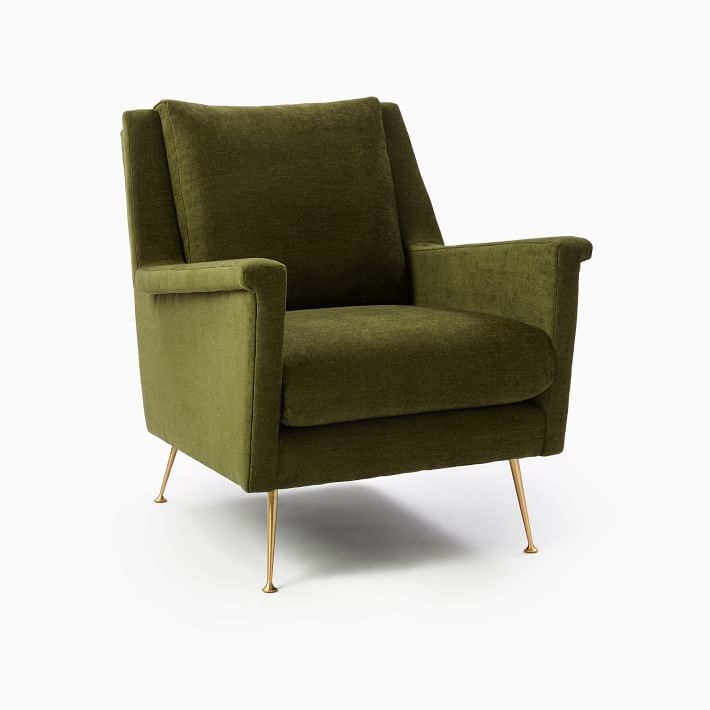 Carlo Midcentury Chair, Poly, Distressed Velvet, Tarragon, Brass - Image 0