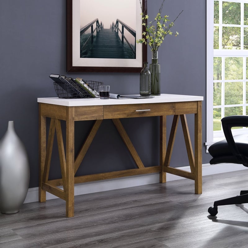 46" A Frame Modern Farmhouse Wood Computer Desk with Drawer - Natural Walnut/Faux White Marble - Image 0