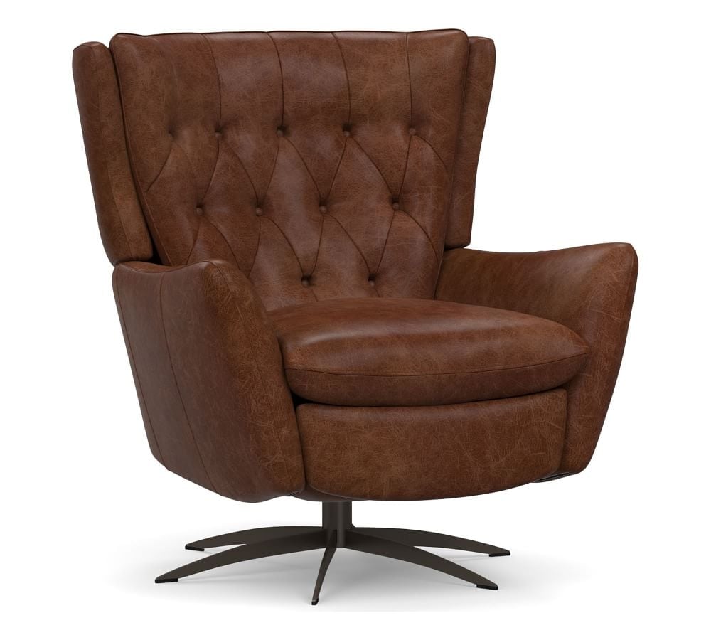 Wells Leather Swivel Recliner with Bronze Base, Polyester Wrapped Cushions Statesville Molasses - Image 0